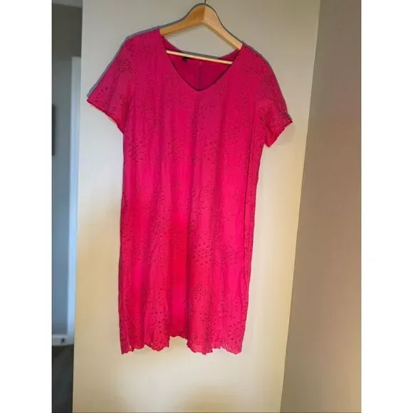 Talbots Size 16 Embroidered Eyelet Lace Tee Shirt Dress Hot Pink Spring Vacation - Picture 4 of 15